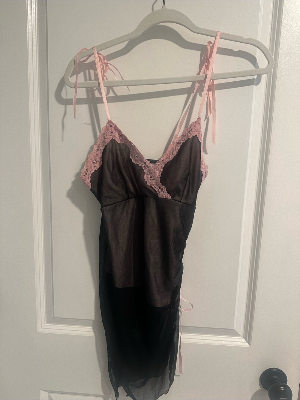 Part Sheer Black Top with Pink Bows & Lace Trim